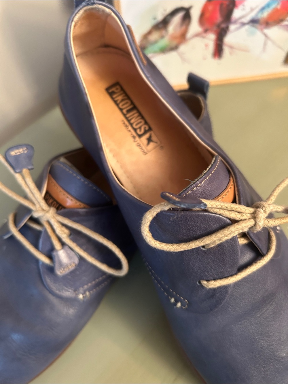PIKOLINOS Navy Leather Lace-Up Flats with Tan Trim